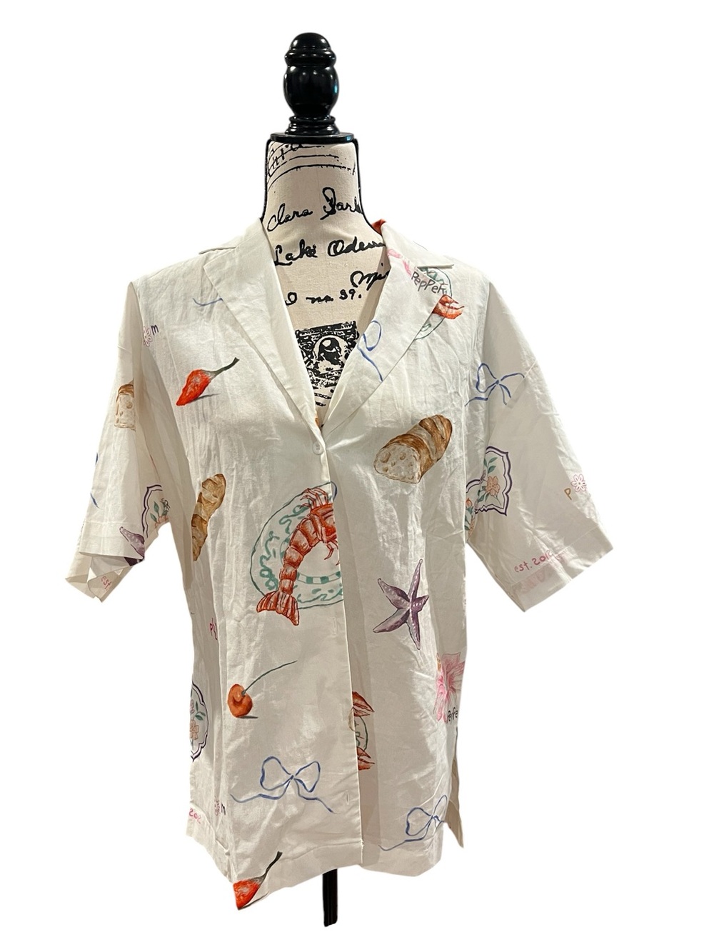 Peppermayo White Short-Sleeve Printed Shirt Jacket with Multicolor Seafood Motif